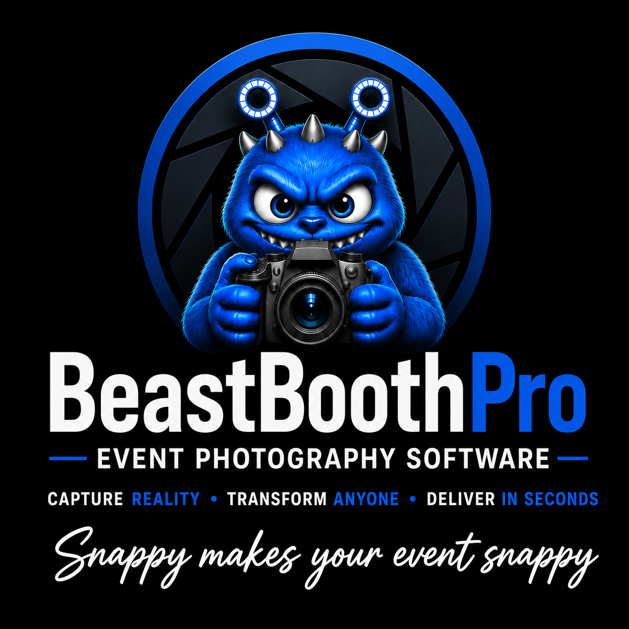 BeastBoothPro logo featuring Snappy the blue camera beast